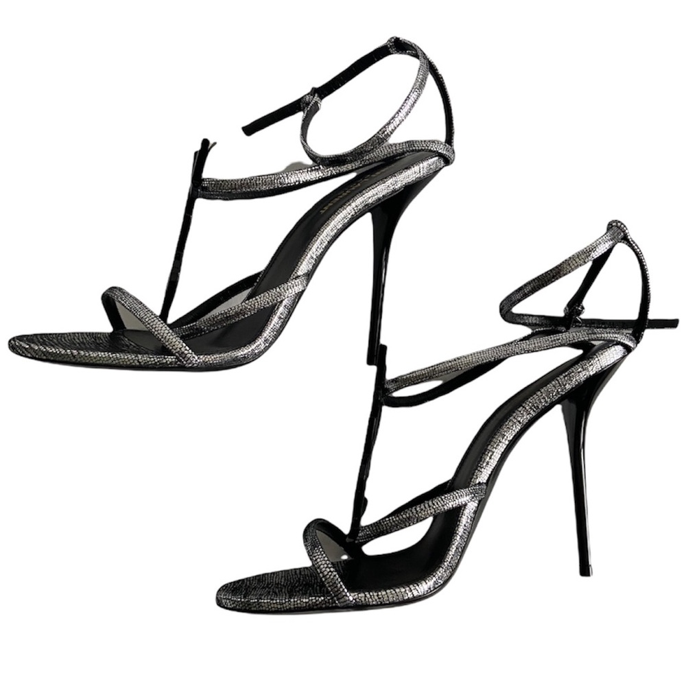 Saint Laurent Cassandra Heels In Metallic Silver Cracked Metal Leather Size 39.5 - Picture 11 of 14